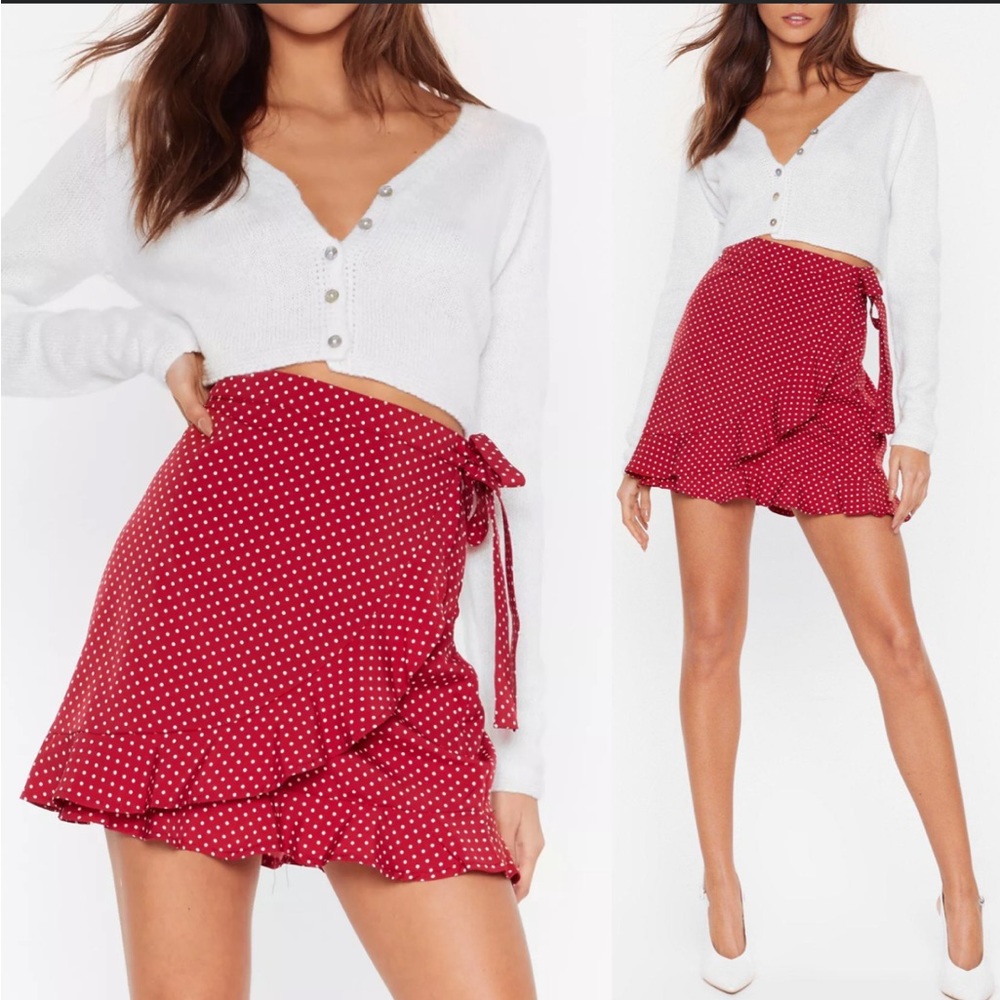 Nasty Gal red white polka dot ruffle trim wrap mini skirt size 4